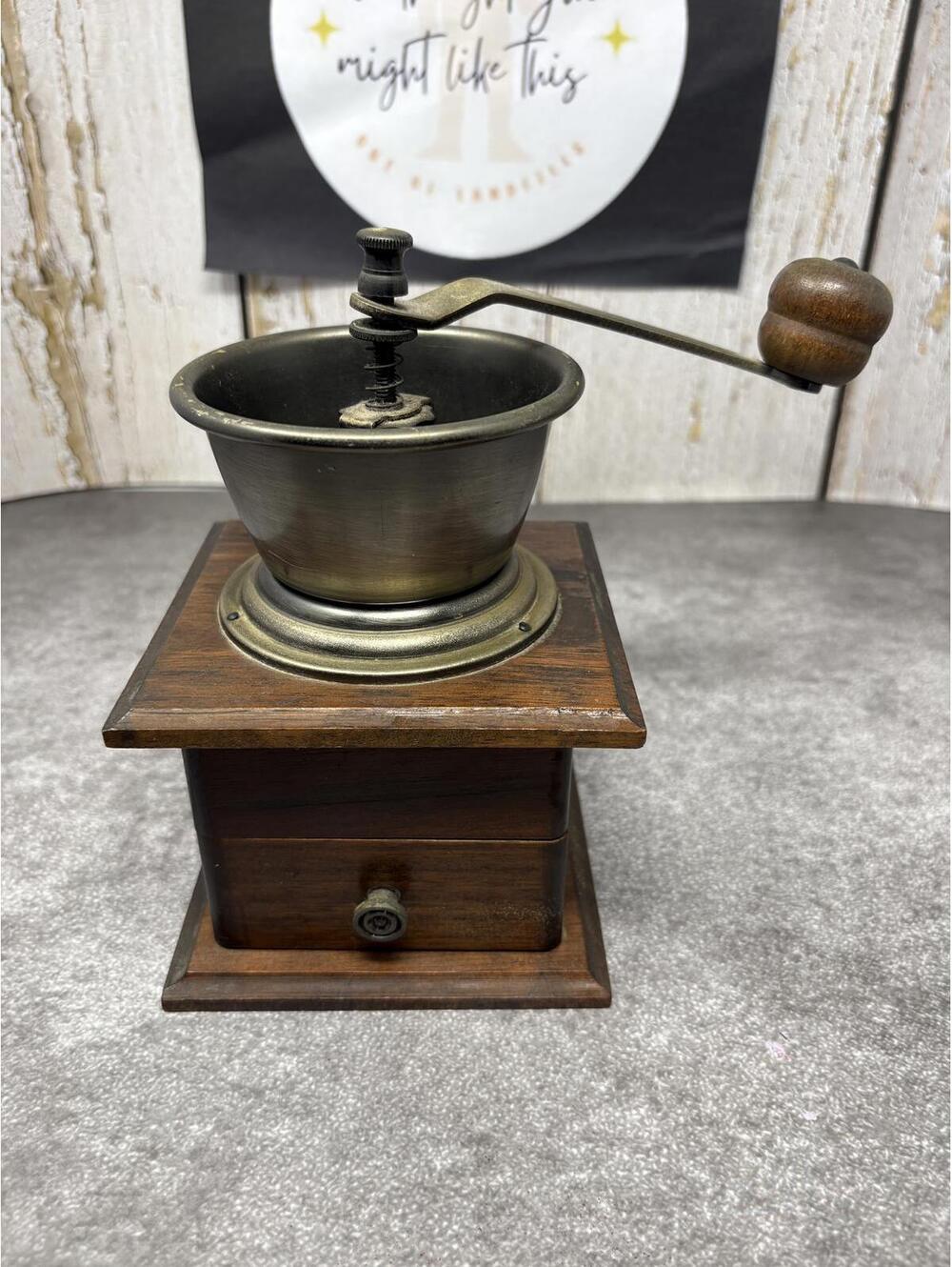 Antique Manual Coffee Grinder Wood Box Brass Bowl Iron Burr Hand Crank Mill